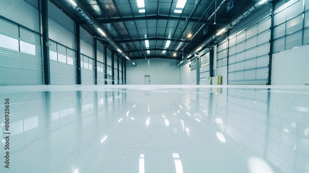Obraz premium Spacious industrial warehouse interior with a reflective epoxy floor and high ceiling.