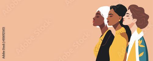 Vector flat banner for Women's Day, young women of different nationalities on a beige background. Vector concept of movement for gender equality and women's empowerment.