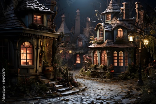 Halloween night scene with haunted house in the forest. 3d rendering