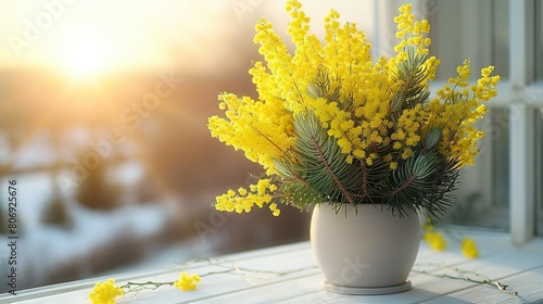   A white vase with yellow flowers sits on a window sill, adjacent to another