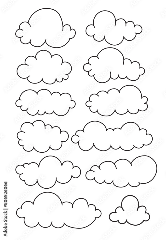 Vector set blue flat clouds, sky, vector black one line, clouds collection on white background Vector set blue flat clouds, sky, vector black one line, clouds collection on white background
