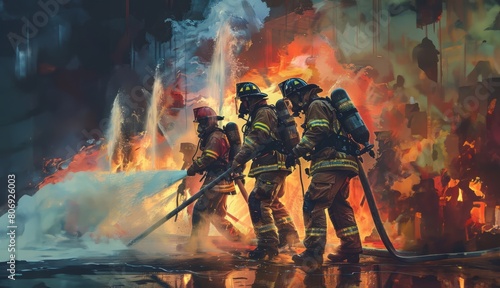 Courageous firefighters battling a dangerous blaze, their silhouettes illuminated against the fiery backdrop.Generated image