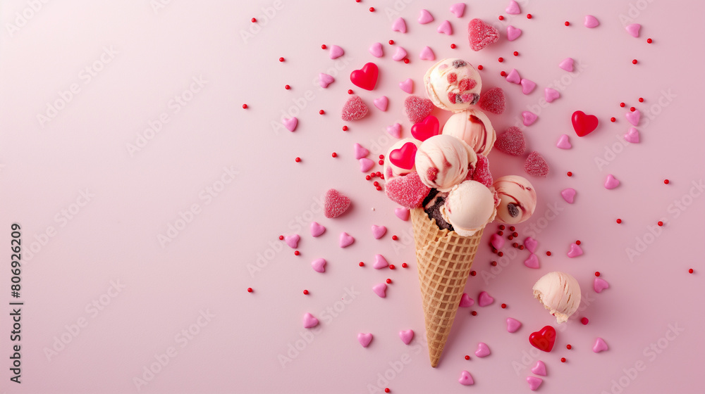 A pink ice cream cone with pink and red heart shaped sprinkles around, isolated on pastel background.