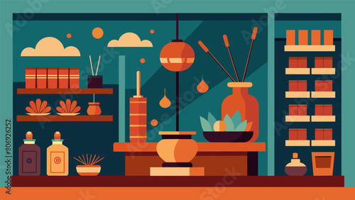 The aroma of incense fills the air adding to the shops retro aesthetic and creating a nostalgic shopping experience.. Vector illustration