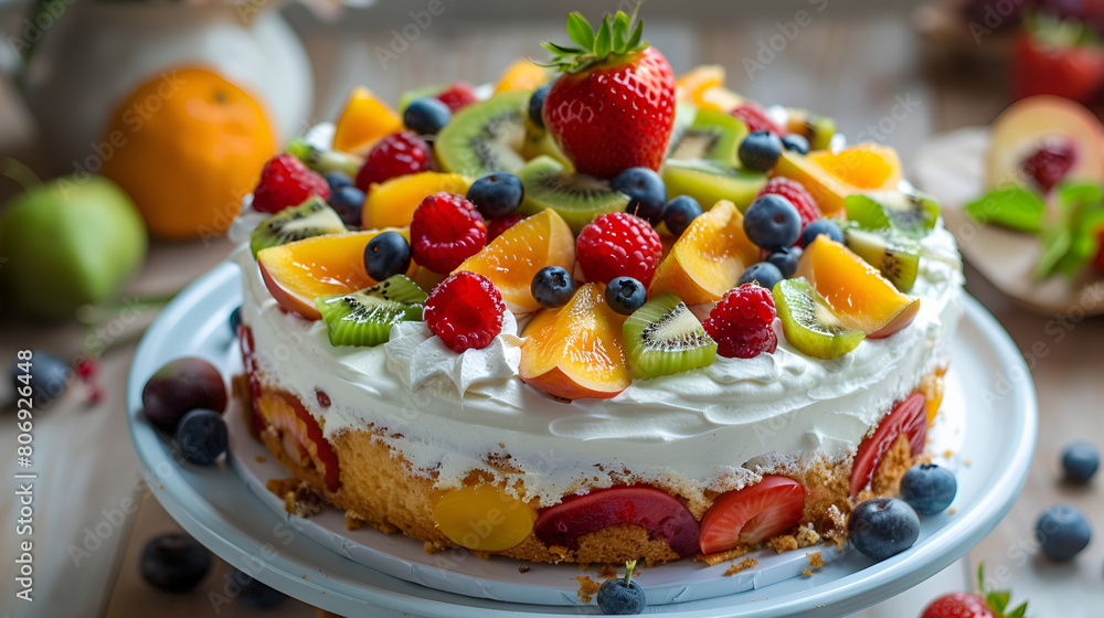 Garnished strawberry cream cake with fruits and cream in a wooden table ai generative