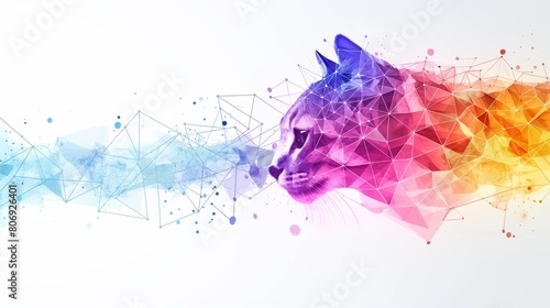 An artistic and colorful polygonal backdrop featuring interconnecting dots and lines, infused with a cat theme, intended for technology or science-related design elements, displayed on a white backgro photo