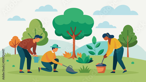 Final touches such as planting trees and shrubs to beautify the area and promote a sustainable ecosystem for the future.. Vector illustration