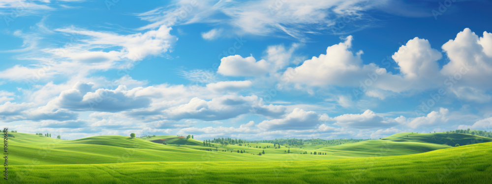 Natural background scene of green hills, blue sky, fluffy clouds, copy space Natural background scene of green hills, blue sky, fluffy clouds, copy space