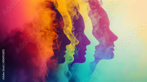 A series of faces are shown in a colorful background with smoke. Scene is one of mystery. coloful group of unrecognisable people. Creative people out of the norm. Imaginative human silhoutte photo