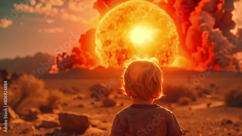 Child watching nuclear explosion retro style in desert back view. Concept Nuclear Explosion, Retro Style, Child Watching, Desert Background, Back View photo