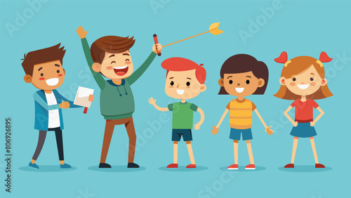A group of enthusiastic kids participating in a casting contest each one trying to outdo the other with their accuracy and distance.. Vector illustration