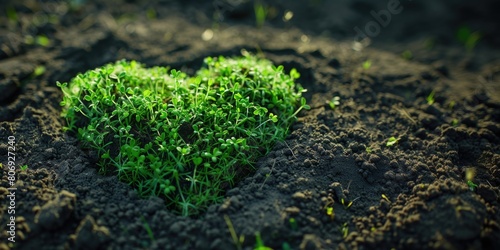 Heart made of grass on a background of ground, top view. Regenerative and sustainable concept
