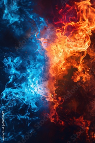 Facing Flames: Vivid blue and red flames clash in a fiery battle, each consuming half the frame.