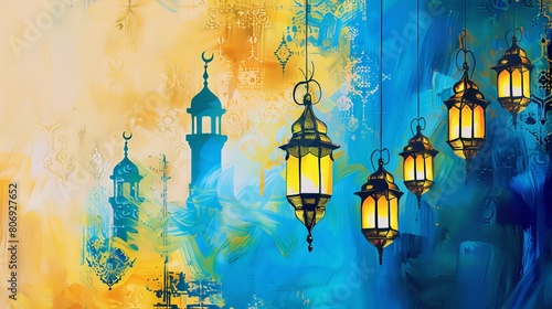 A vivid and colorful artistic illustration featuring hanging lanterns and silhouette minarets against a dynamic, abstract background, capturing the essence of Eastern culture and tradition. photo