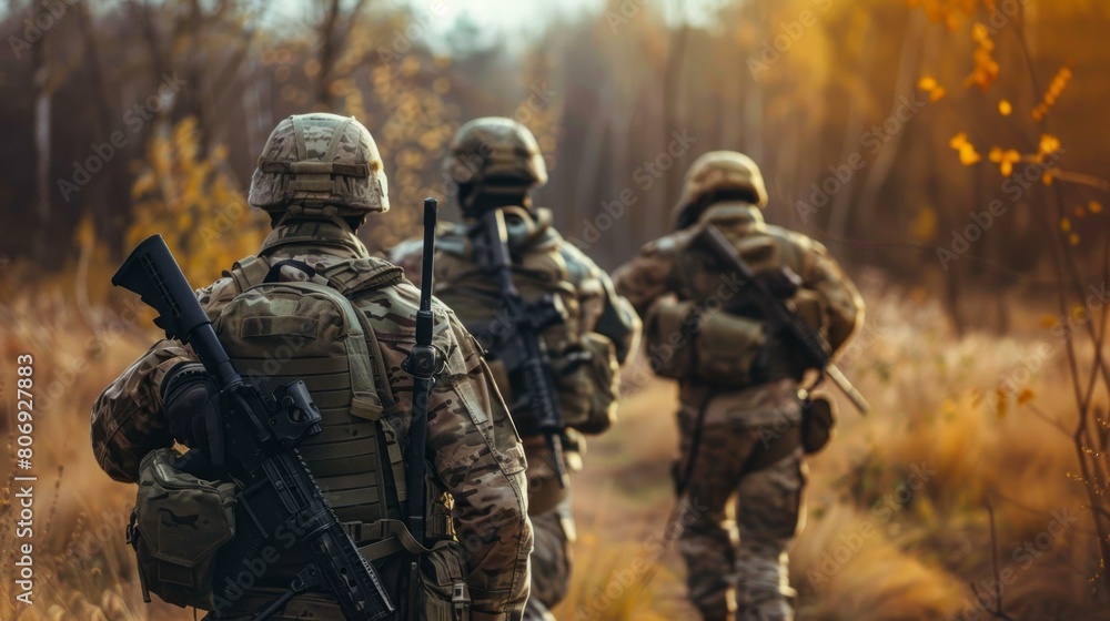 Fototapeta premium Three soldiers are walking through a forest, each carrying a rifle