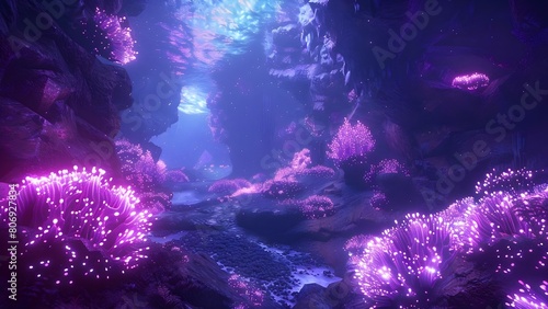 Underwater cave with bioluminescent alien plants pinkpurple glow perfect for fantasy RPG. Concept Underwater cave, Bioluminescent plants, Pink and purple glow, Fantasy RPG, Alien atmosphere