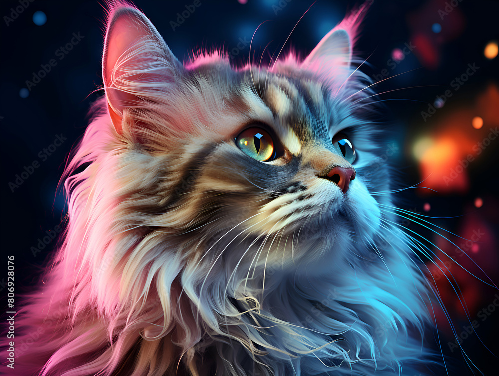 cat with colorful lights in the background. Digital painting. cat with colorful lights in the background. Digital painting.