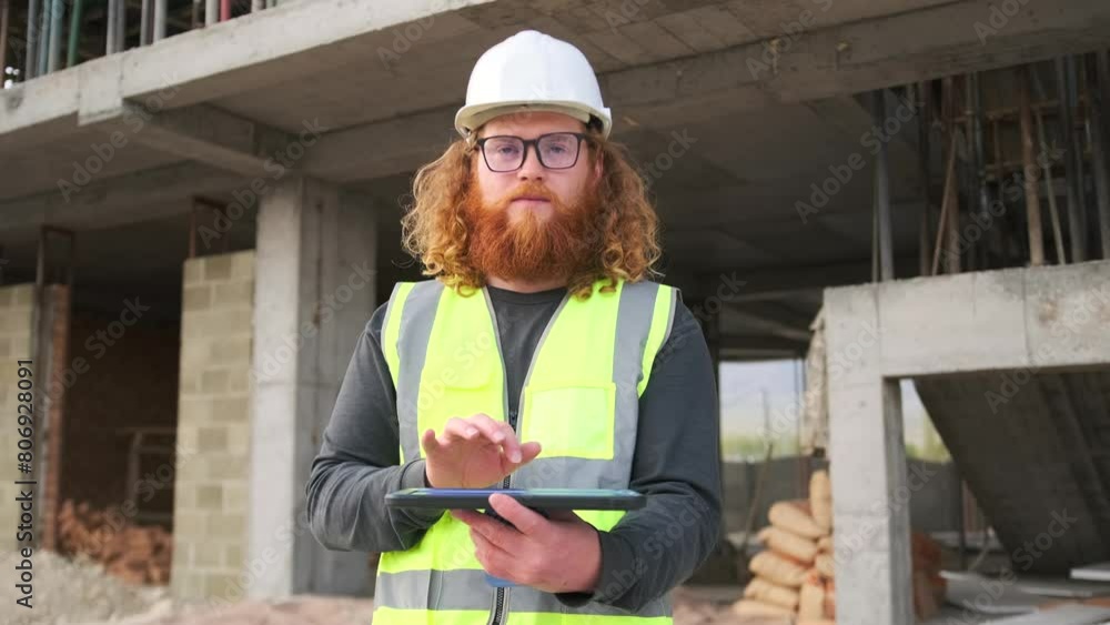 Red-haired bearded foreman worker with a digital tablet in his hands presses virtual buttons, copyspace, standing at a construction site. Red-haired bearded foreman worker with a digital tablet in his hands presses virtual buttons, copyspace, standing at a construction site.