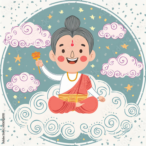 Vector cartoon illustration of happy narad muni on cloud photo