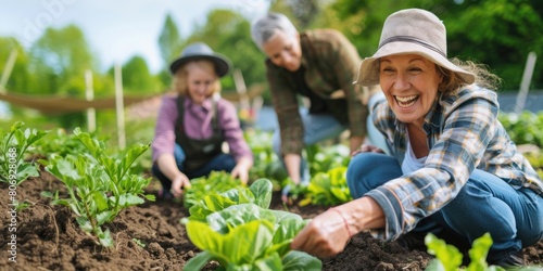 Happy people of all ages working in the vegetable garden. Parents and children tend the garden together. Organic gardening