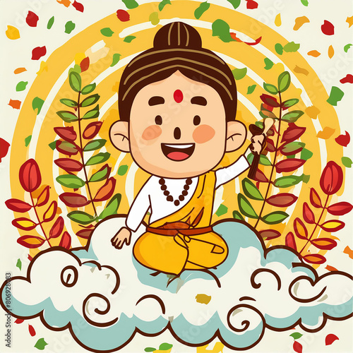 Vector cartoon illustration of happy narad muni on cloud
