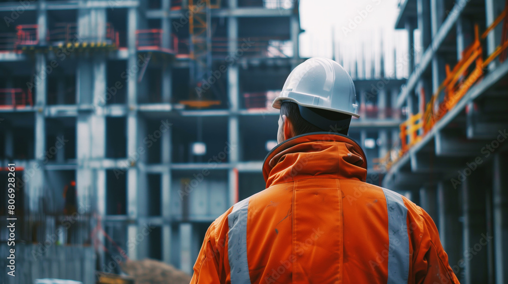 Construction worker wearing an orange jacket and a hardhat observing a building site.