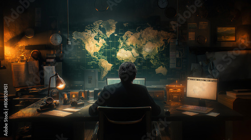 a dark spymaster sitting at a desk at a spy HQ, looking into the camera, face invisible, world map on wall photo