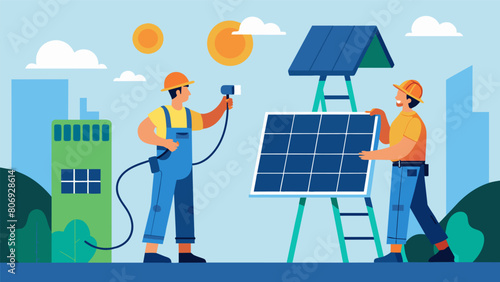 A worker using a wire ter to connect solar panels to the buildings electrical system while another worker hands them tools from below.. Vector illustration