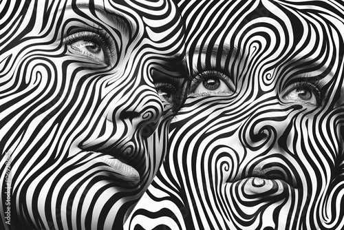 Monochrome striped illusion of female faces  close-up. Detailed black and white optical illusion artwork featuring multiple swirling female faces with striking eyes