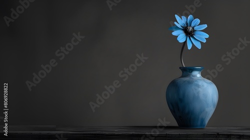 An intimate still life of a simple blue vase against a high contrast black and white backdrop, the curve of its ceramic form and single blue flower