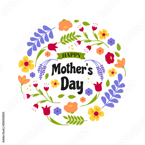 Design for greeting card, poster, banner for Mother's Day. Composition of spring flowers arranged in a circle silhouette. Bright spring flowers and plants drawn by hand on a white background