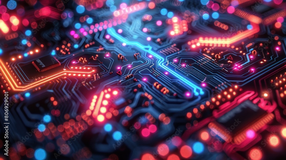Obraz premium A digital artwork showcasing an intricate circuit board with glowing blue and purple elements