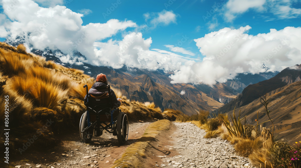 Obraz premium An individual in a wheelchair enjoys a serene view of majestic mountains and cloudy skies from a highland trail.