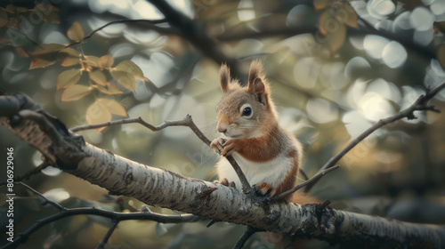 A Little squirrel sitting on a branch © Itsaraporn