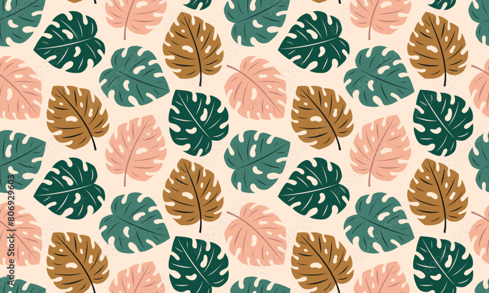 Seamless pattern with Monstera leaves. Abstract Tropical foliage background. Modern exotic jungle plants. Flat Vector illustration for paper, cover, fabric, interior decoration and other users Seamless pattern with Monstera leaves. Abstract Tropical foliage background. Modern exotic jungle plants. Flat Vector illustration for paper, cover, fabric, interior decoration and other users