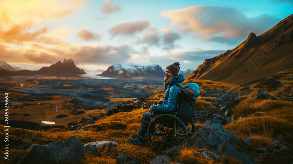 Fototapeta premium Person in a wheelchair enjoying a breathtaking sunset in a mountainous landscape with vivid skies.