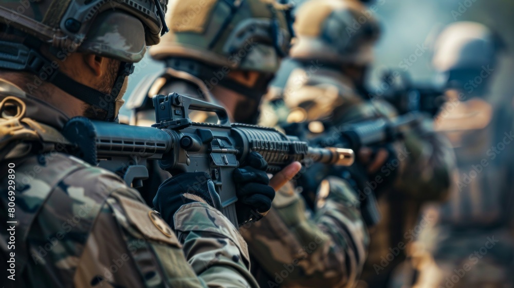 Three soldiers are standing in a line, each holding a rifle