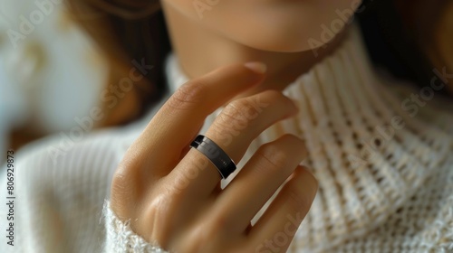 Close-up view showing a smart ring being worn on a young womans finger, highlighting modern wearable technology.