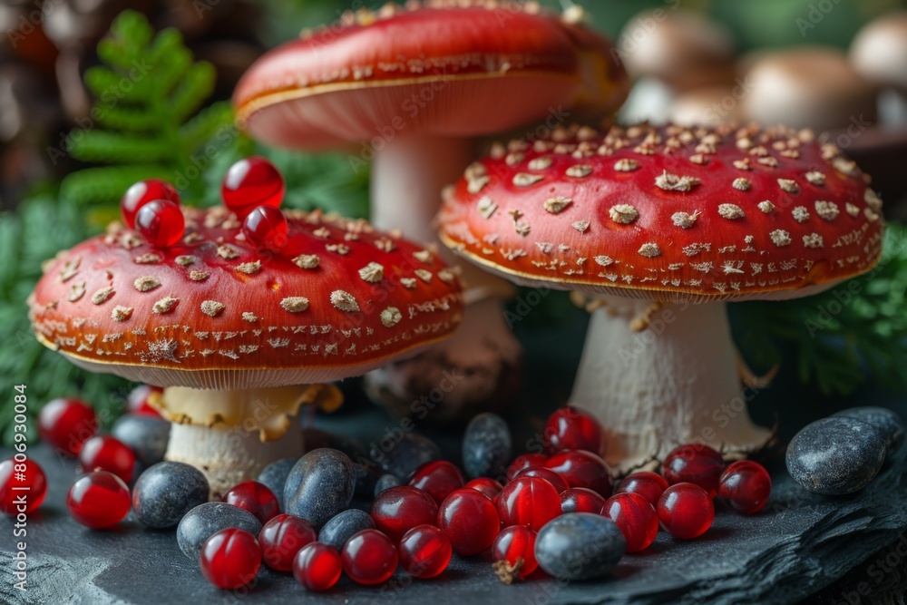 Obraz premium Shiitake mushrooms arranged next to natural herbal supplement capsules, illustrating a concept of alternative medicine.