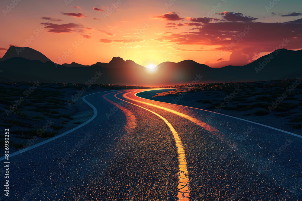 Curved road disappearing into a stunning sunset with mountain silhouettes