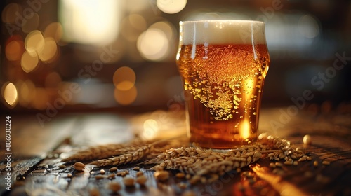 Artfully arranged barley and a clear glass of beer on a richly textured wood surface, illuminated by ambient light.