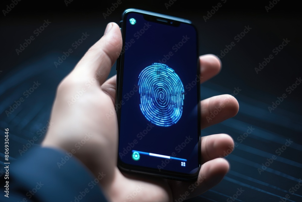 Smartphone with a fingerprint in a man's hand. Biometric identification, data protection. Smartphone with a fingerprint in a man's hand. Biometric identification, data protection.