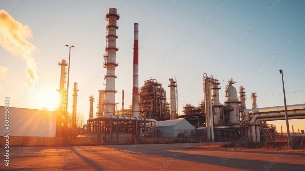 Fototapeta premium Large plant, factory on a summer day at sunset. Pipes of a gas power plant, industrial landscape.
