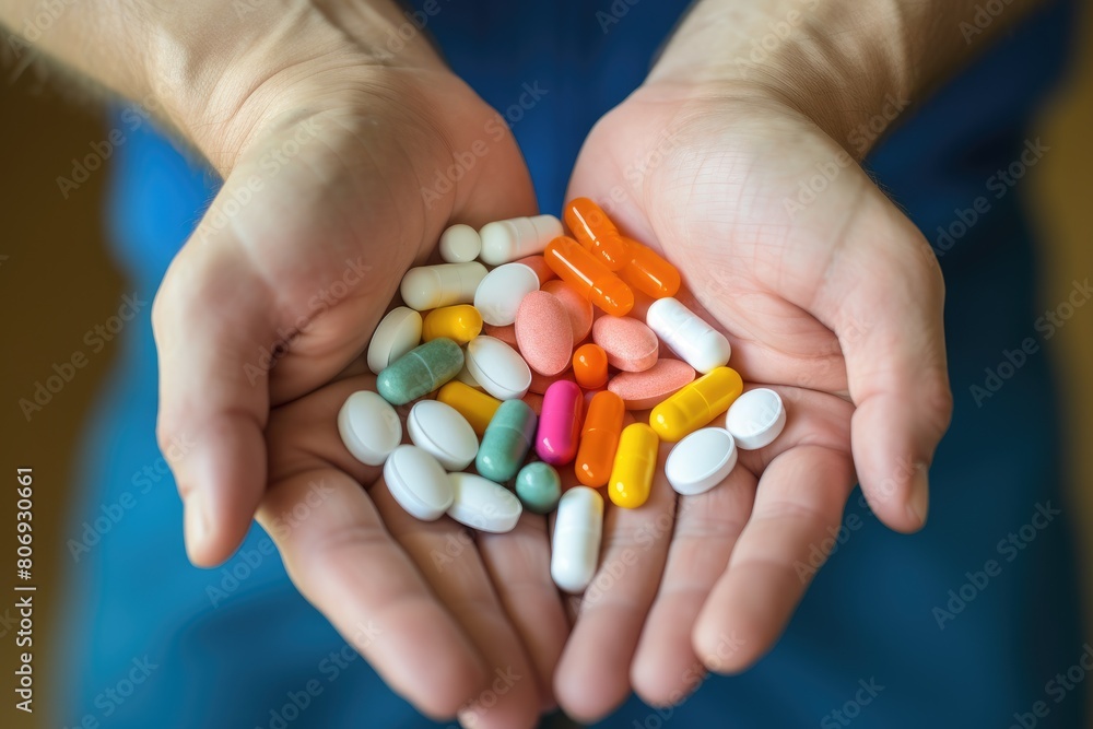 Multi-colored tablets, pills and capsules in the hands. Multi-colored tablets, pills and capsules in the hands.