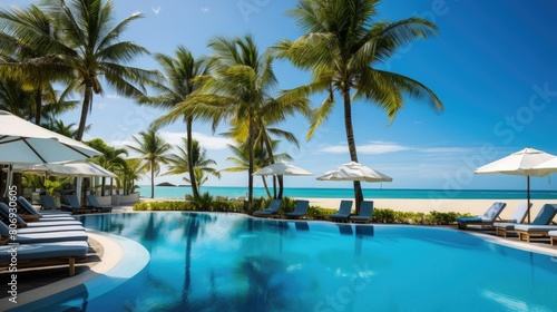 Tropical resort on the ocean under palm trees. Sun loungers and parasols around the pool. Summer sunny day.