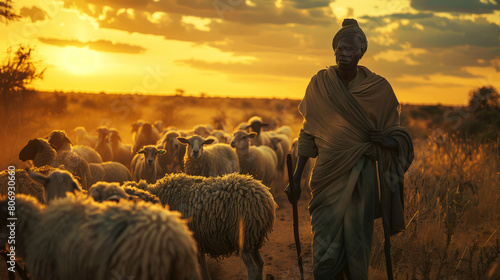 Elderly African shepherd leading a flock of sheep at sunset in a dusty rural landscape.