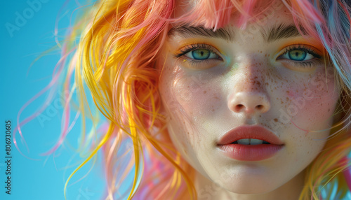 High detailed close up portrait of young female with Dyed Multi Colors Hair hairstyle and brighty make-up on vibrant Blue wall. Modern teens expressional serene outlook with individuality accent. photo