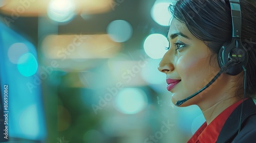 Profile of a dedicated Indian customer service representative wearing a headset, engaged in a conversation in a vibrant office setting.