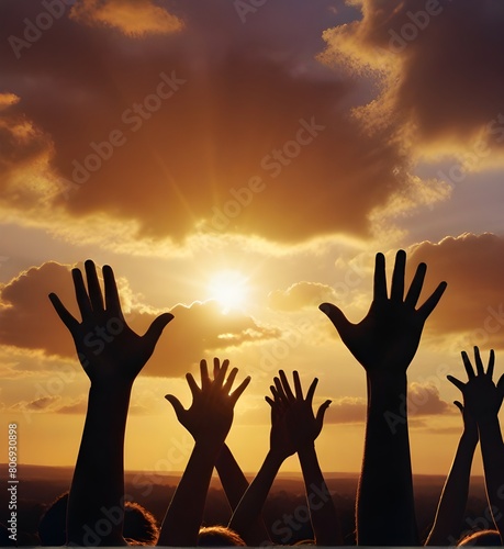 Hands to heaven, group of people with their hands up