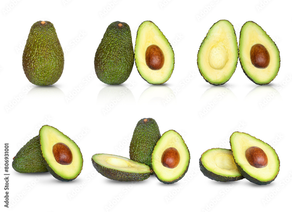 Avocado isolated on white collection. Set of fresh whole and sliced avocado isolated on white background. PNG photography Avocado isolated on white collection. Set of fresh whole and sliced avocado isolated on white background. PNG photography